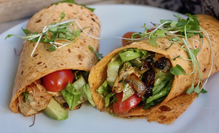 Pan-Roasted Chicken Wrap With Avocado, Sauteed Onions, and Tomatoes